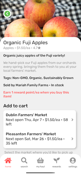 Product page for "Organic Fuji Apples"