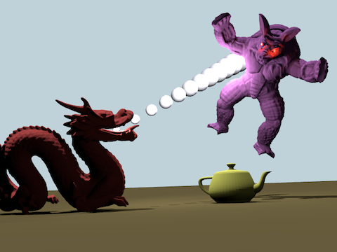 Homework 2 custom scene: red dragon shooting energy beam at stylized purple armadillo, with gold teapot on ground