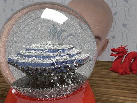 Final project scene: miniature Geisel Library in a snow globe in foreground, with person's head, small plastic dragon, and light wallpaper in background