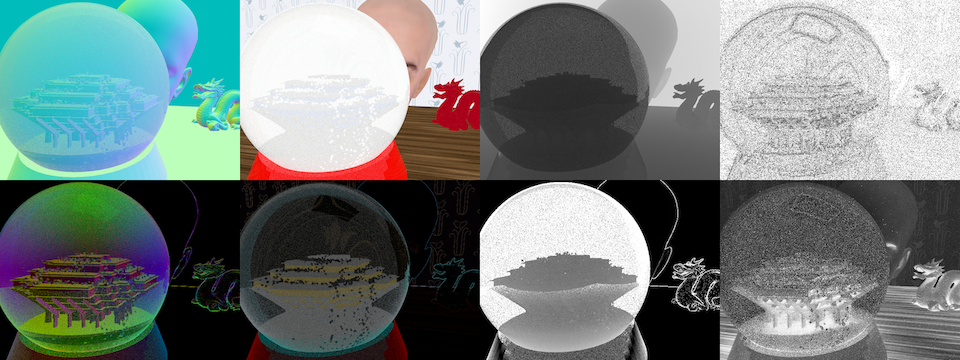 Final project scene: (left to right) normal, albedo, and depth passes, denoising/adaptive sampling information