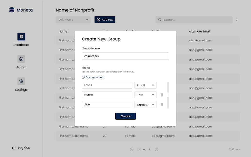 Screenshot of the Moneta website group creation flow