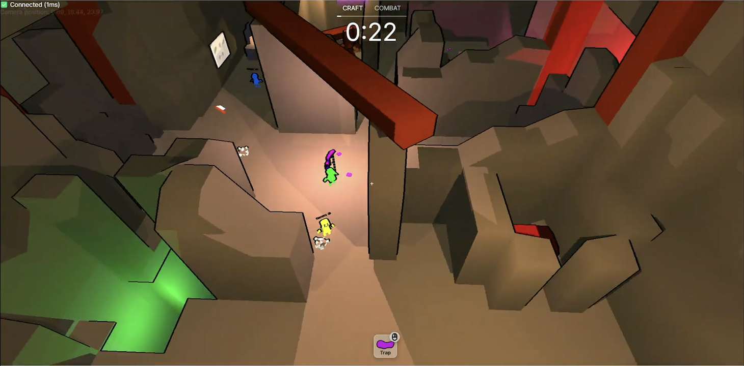 Gameplay screenshot of an aerial view of blue, green, and yellow heroes running through the cave