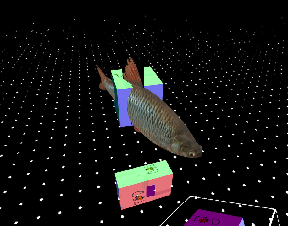 Detailed fish model and textured cubes on a black background with white dots