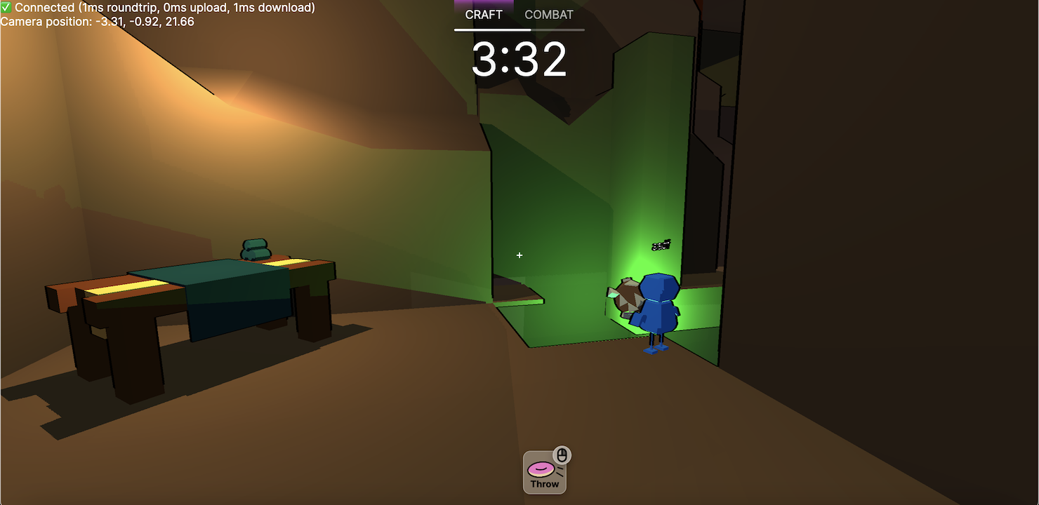 Blue player standing in front of a hole lit by green light while holding iron ore; a workbench stands to the left in the corner of the chamber