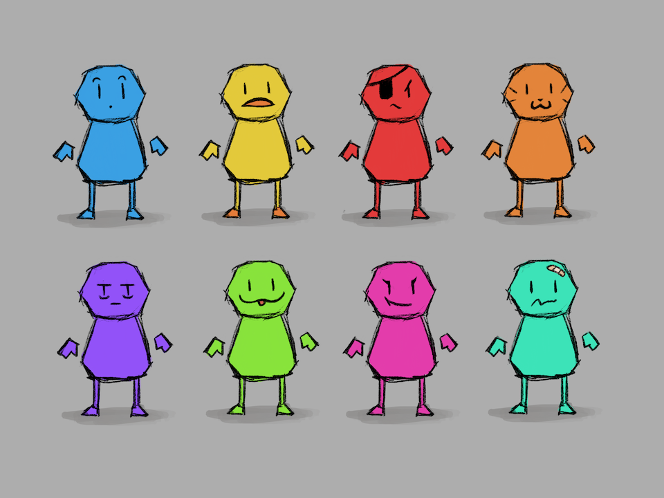 Eight humanoid characters drawn in a cartoony style, each with a unique color and facial expression