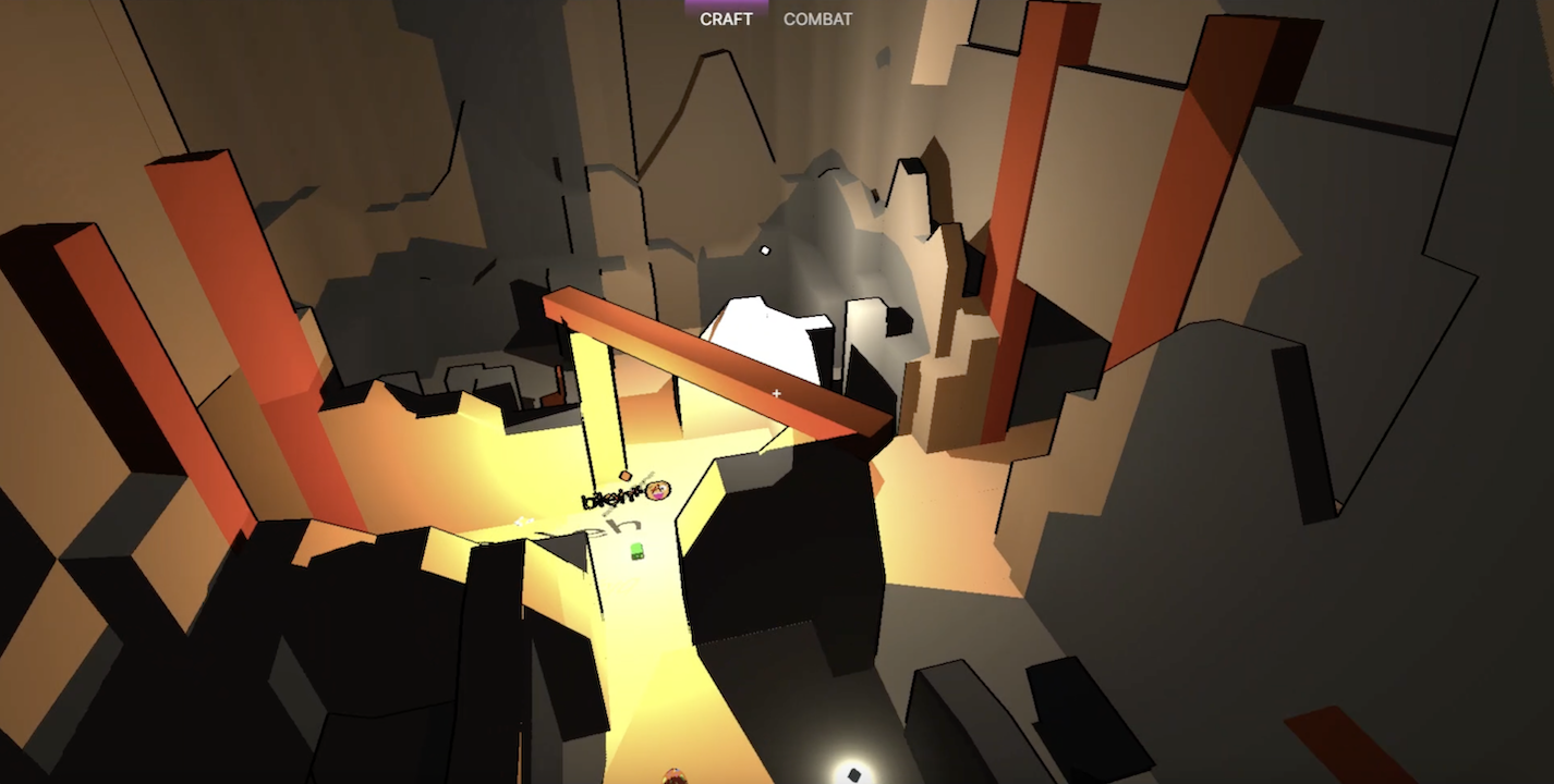 New map model consisting of rocky gray walls and floor, with wooden beams supporting some entrances; the center is lit by an orange light