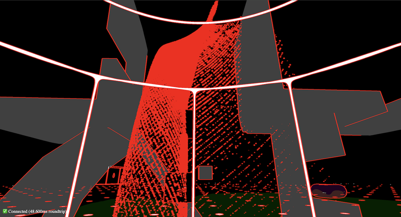 Placeholder map model displayed with red outlines, partly obscured by a shower of red particles