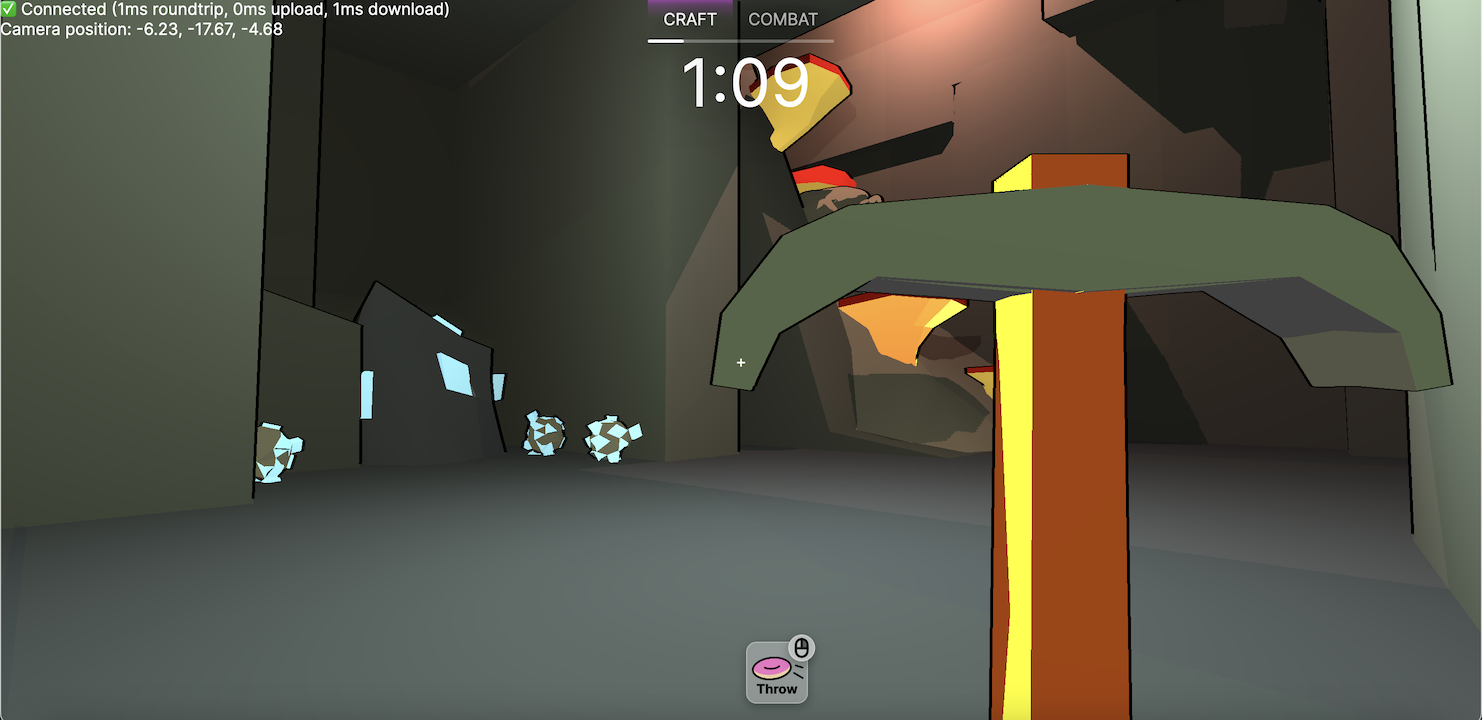 First-person view of the player holding a pickaxe while standing in front of an iron ore deposit