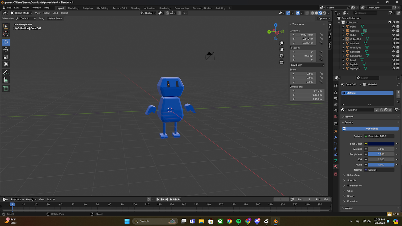 Screenshot of the first player model, colored blue, in the Blender modeling software