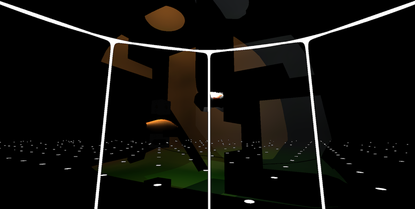 Placeholder map model lit by orange and green colored lights that cast shadows against it, on a black background; a white cylinder wireframe covers some of the image