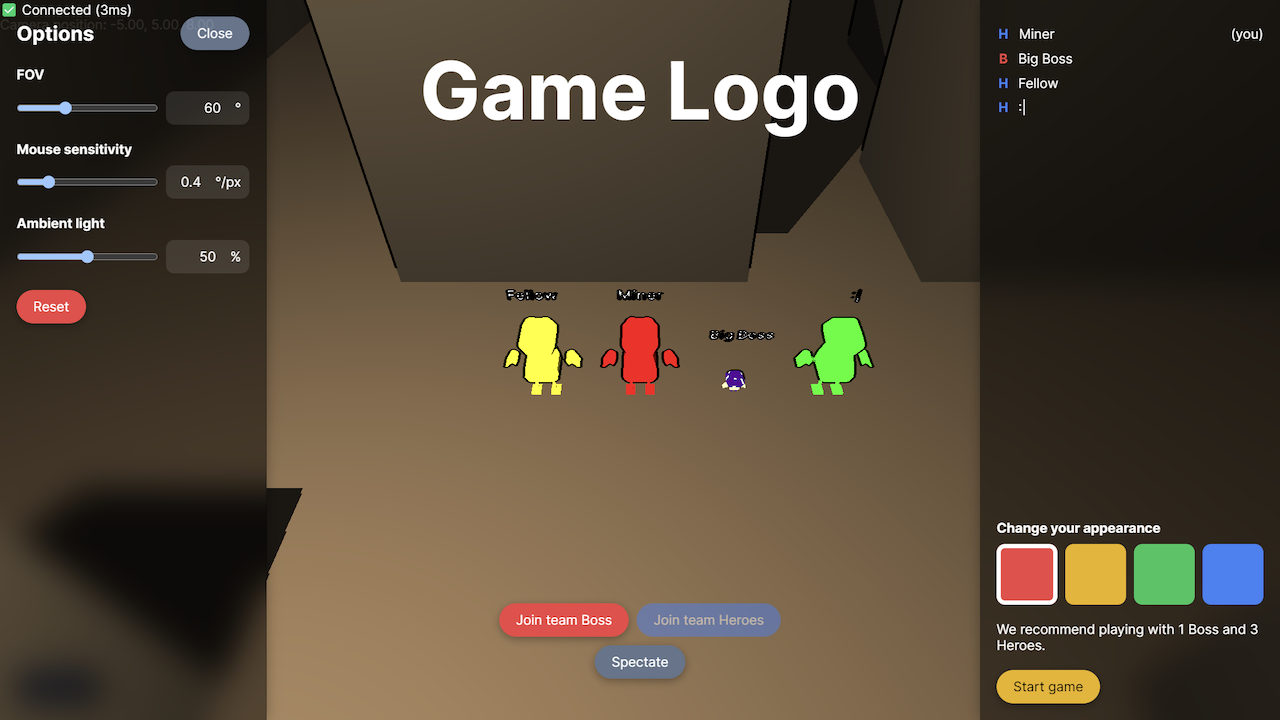 User interface: Four players stand in center of screen; "Game Logo" is displayed prominently above them; a list of players and color selector is shown in panel on right side; a list of settings sliders is shown in panel on left side